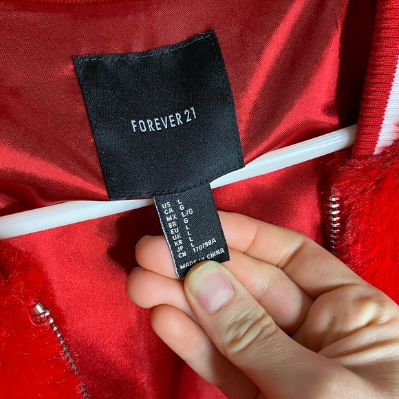 Forever 21 red fur taken bomber jacket - Picture 4 of 10